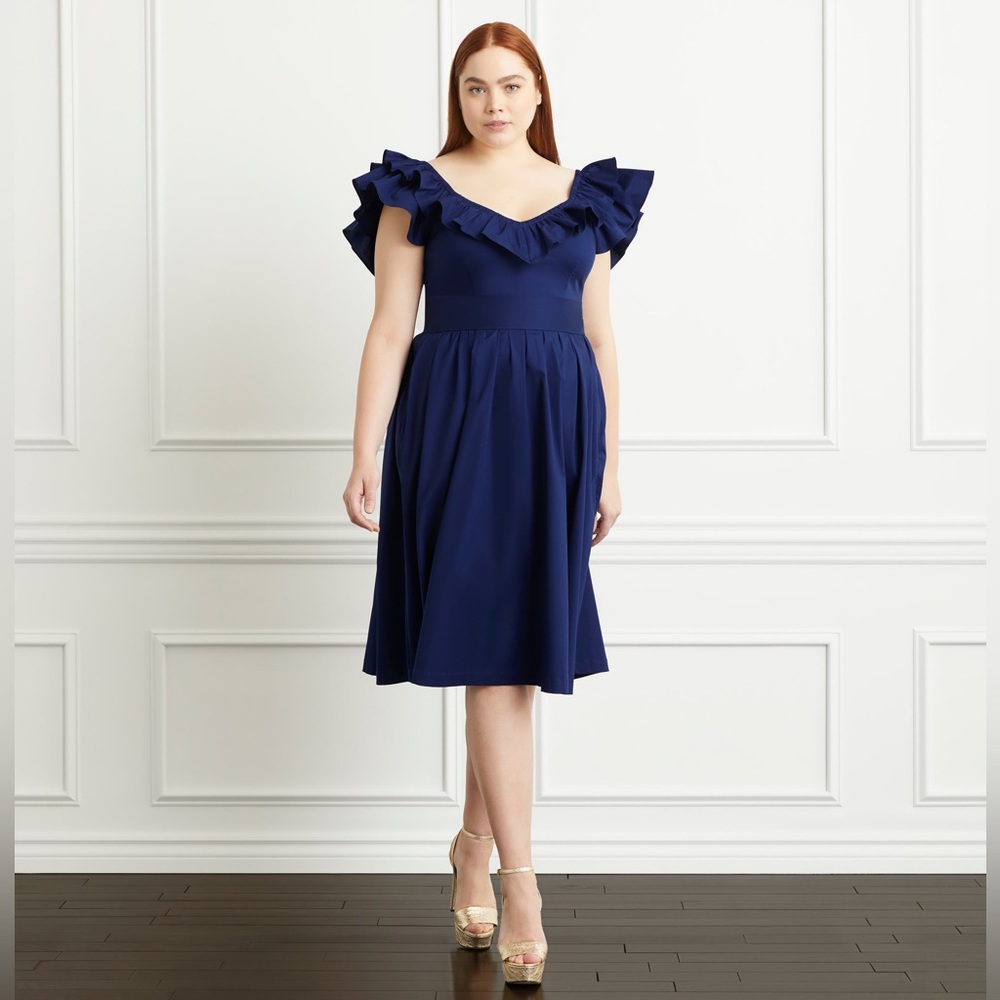 Hill House Midnight Blue Ruffle-Shoulder Midi Dress
